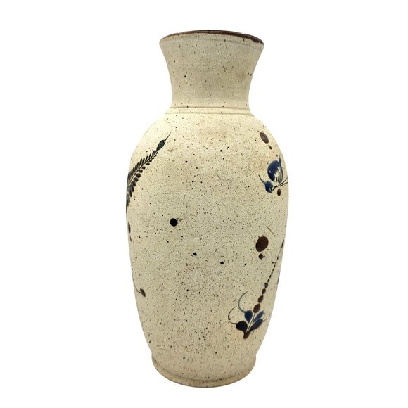 Mexican Tonala Pottery Vase Bird & Floral Design Beige Brown Blue - Picture 6 of 16